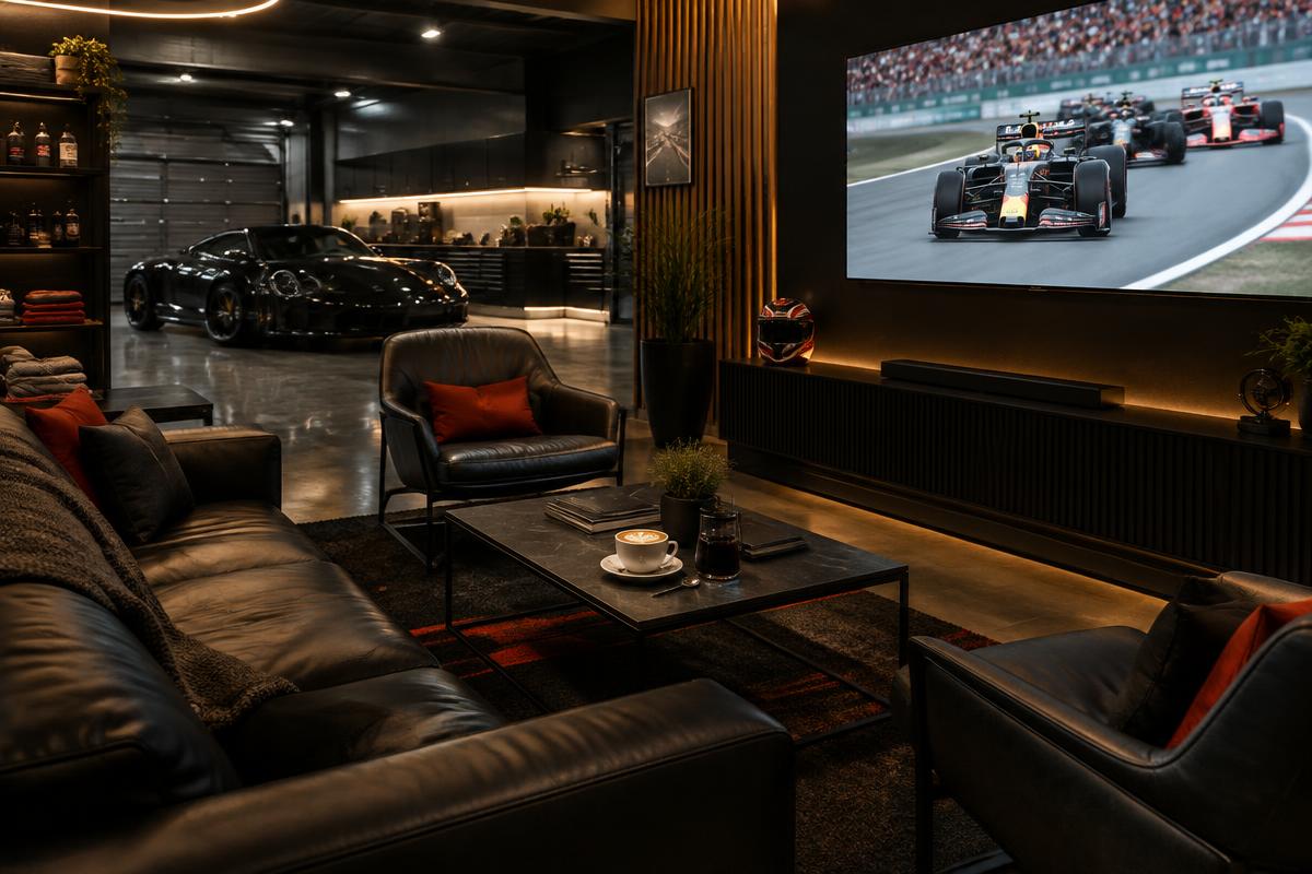 Espace lounge du garage : canapés, café et écran de Formule 1