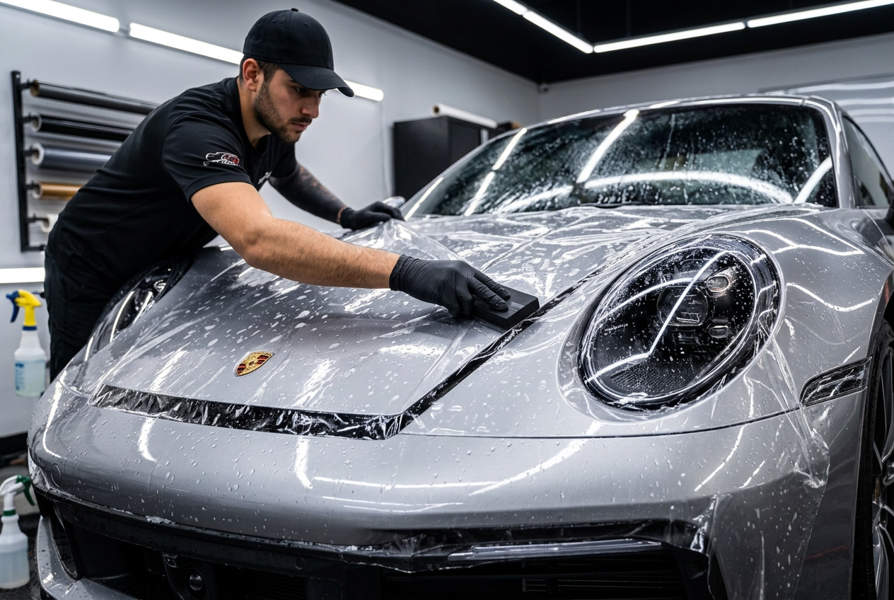 Pose d’un film PPF transparent sur la carrosserie